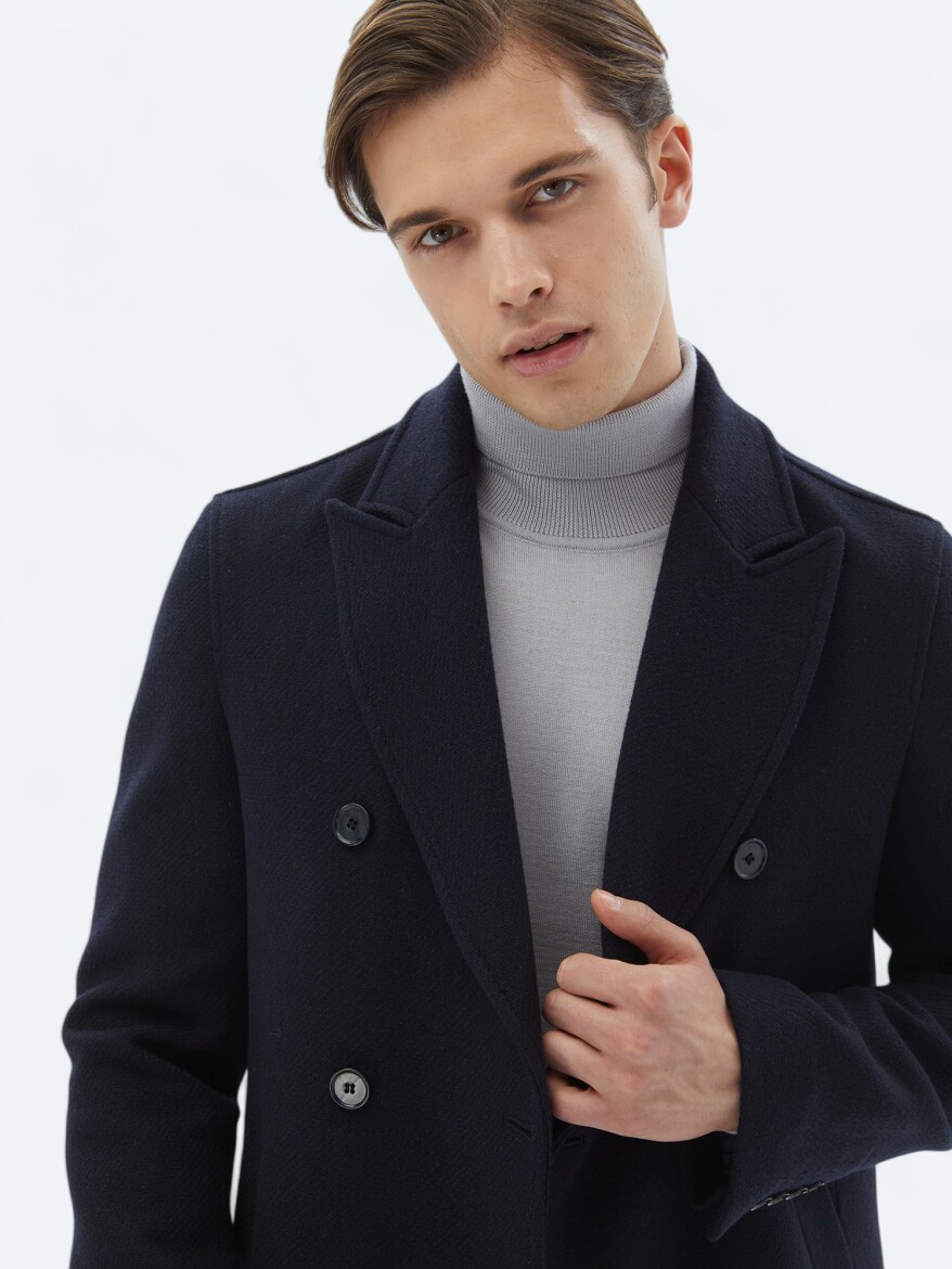 Navy Blue Regular Fit Double Breasted Collar Classical Weaving Overcoat - 5