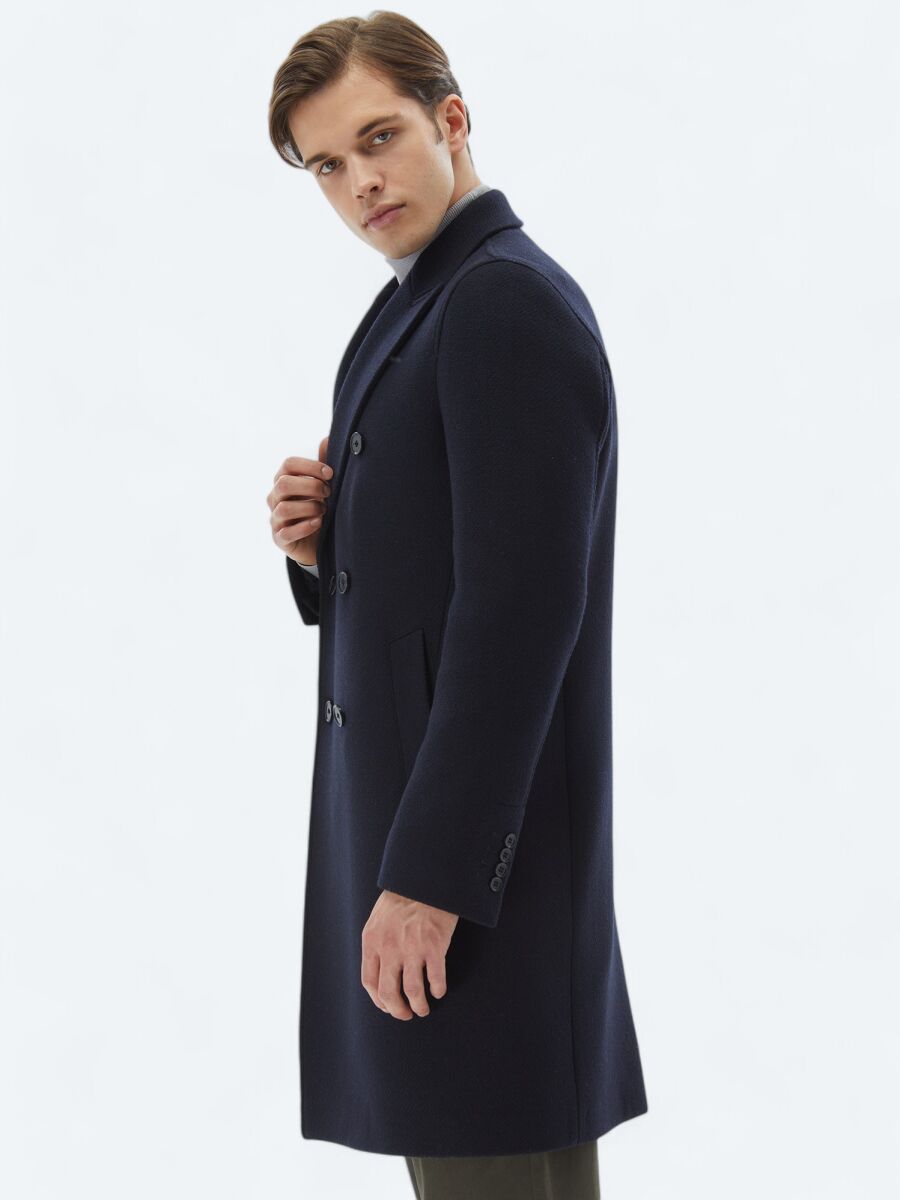 Navy Blue Regular Fit Double Breasted Collar Classical Weaving Overcoat - 6