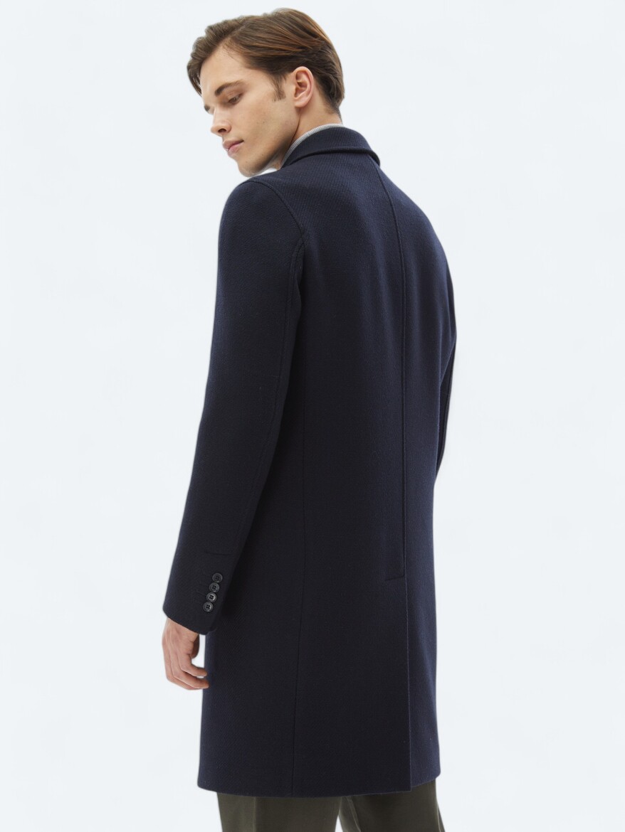 Navy Blue Regular Fit Double Breasted Collar Classical Weaving Overcoat - 7