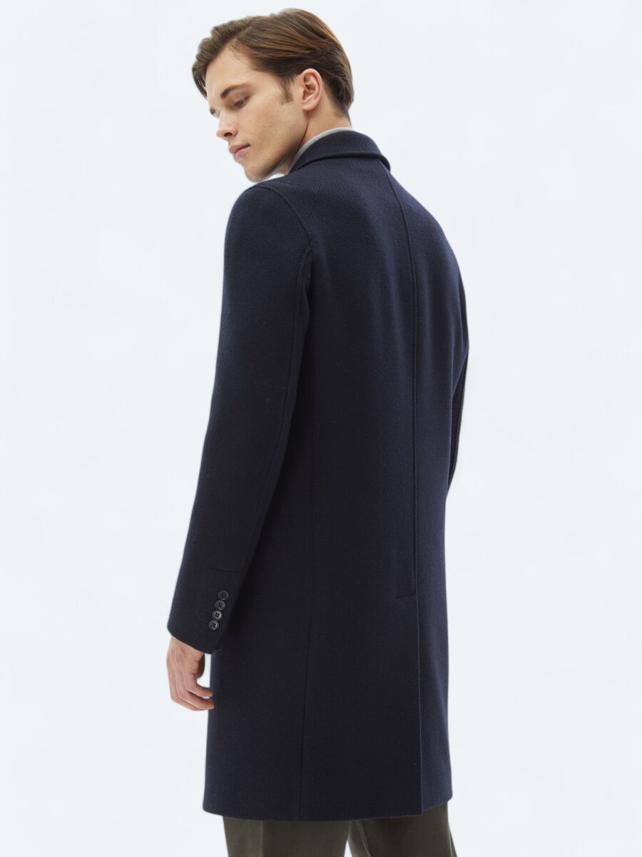 Navy Blue Regular Fit Double Breasted Collar Classical Weaving Overcoat - 7