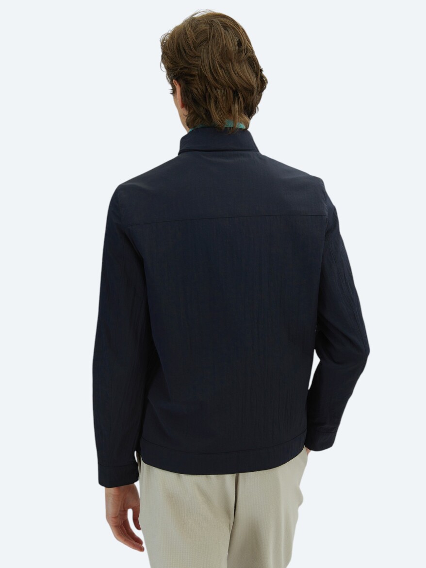 Navy Blue Regular Fit Hidden Hood Casual Weaving Double-Sided Coat - 9