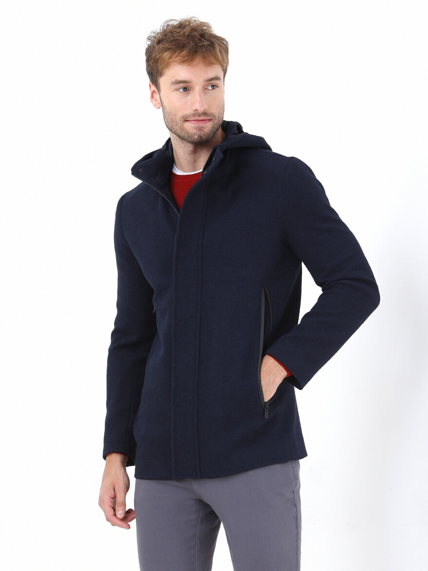 Navy Blue Regular Fit Hooded Casual Weaving Coat - 1