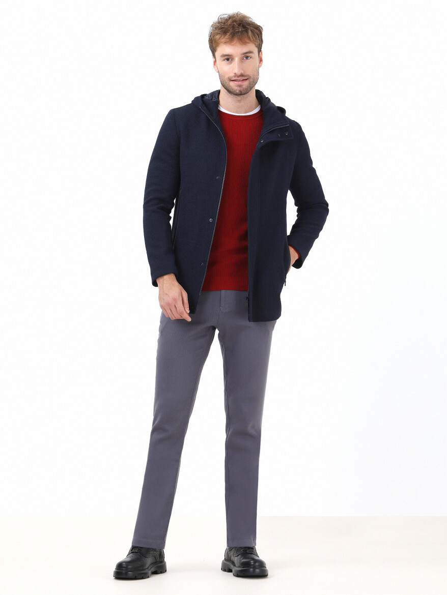 Navy Blue Regular Fit Hooded Casual Weaving Coat - 2