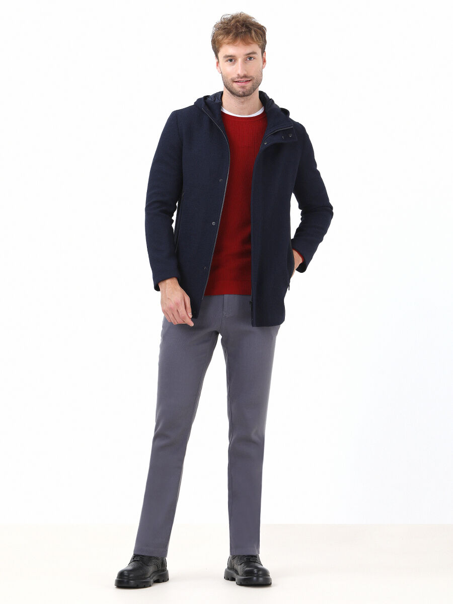 Navy Blue Regular Fit Hooded Casual Weaving Coat - 2