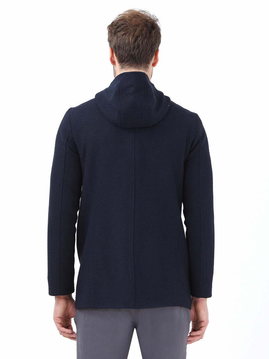Navy Blue Regular Fit Hooded Casual Weaving Coat - 3