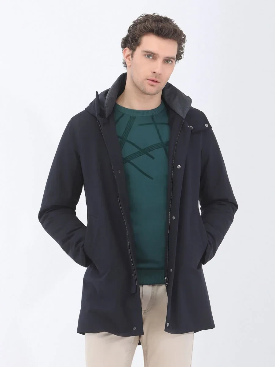Navy Blue Regular Fit Hooded Casual Weaving Coat - 2