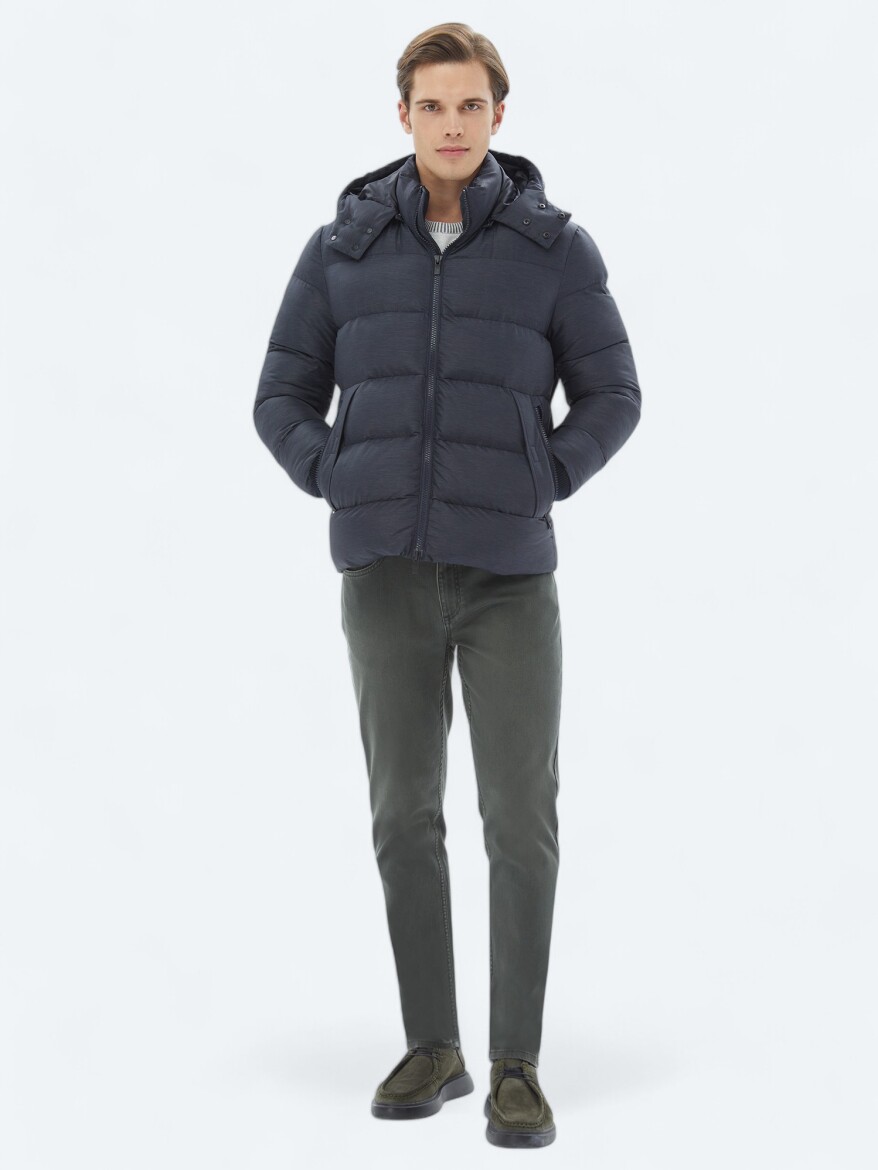 Navy Blue Regular Fit Hooded Casual Weaving Coat - 2