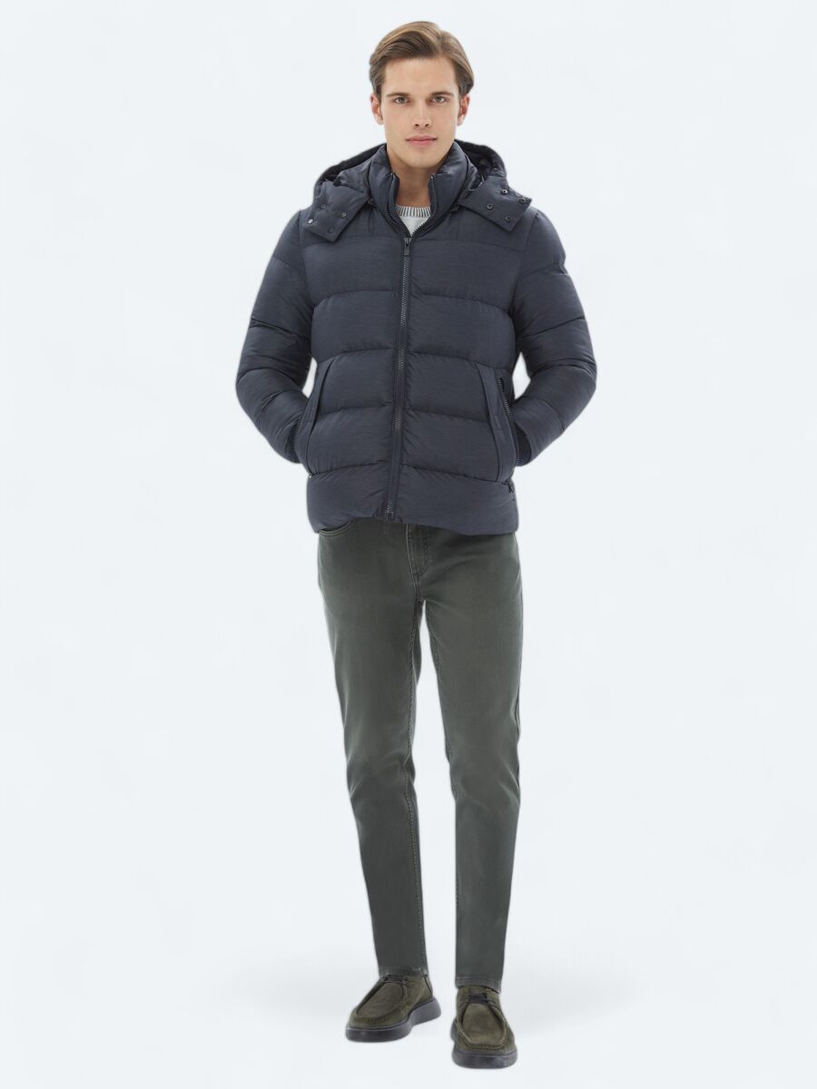 Navy Blue Regular Fit Hooded Casual Weaving Coat - 2