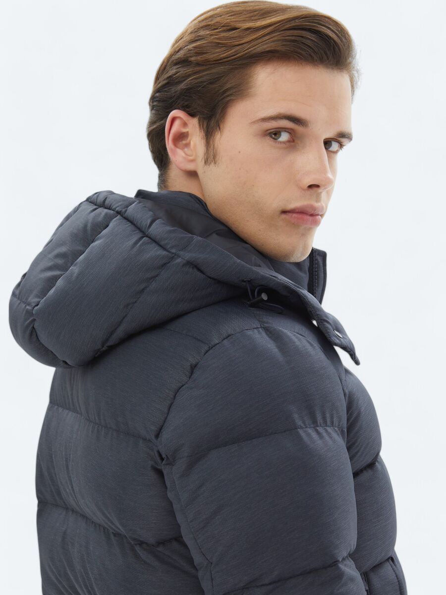 Navy Blue Regular Fit Hooded Casual Weaving Coat - 5