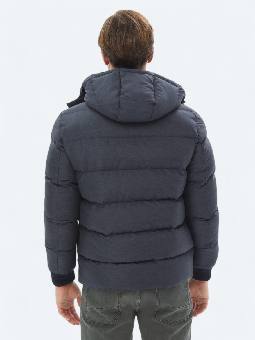 Navy Blue Regular Fit Hooded Casual Weaving Coat - 6