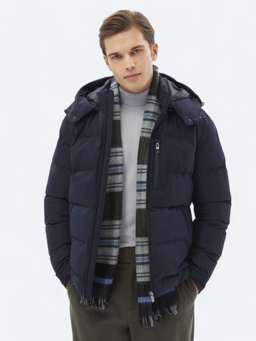Navy Blue Regular Fit Hooded Casual Weaving Coat - 1