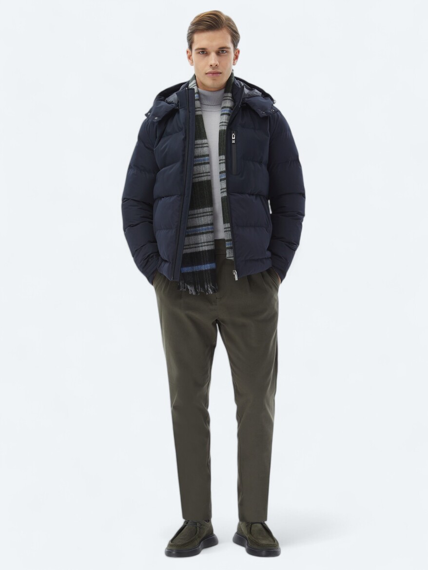Navy Blue Regular Fit Hooded Casual Weaving Coat - 2