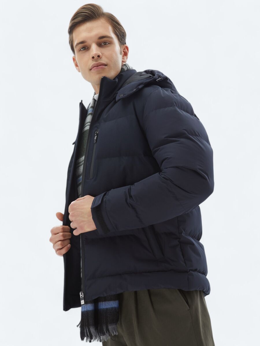 Navy Blue Regular Fit Hooded Casual Weaving Coat - 3