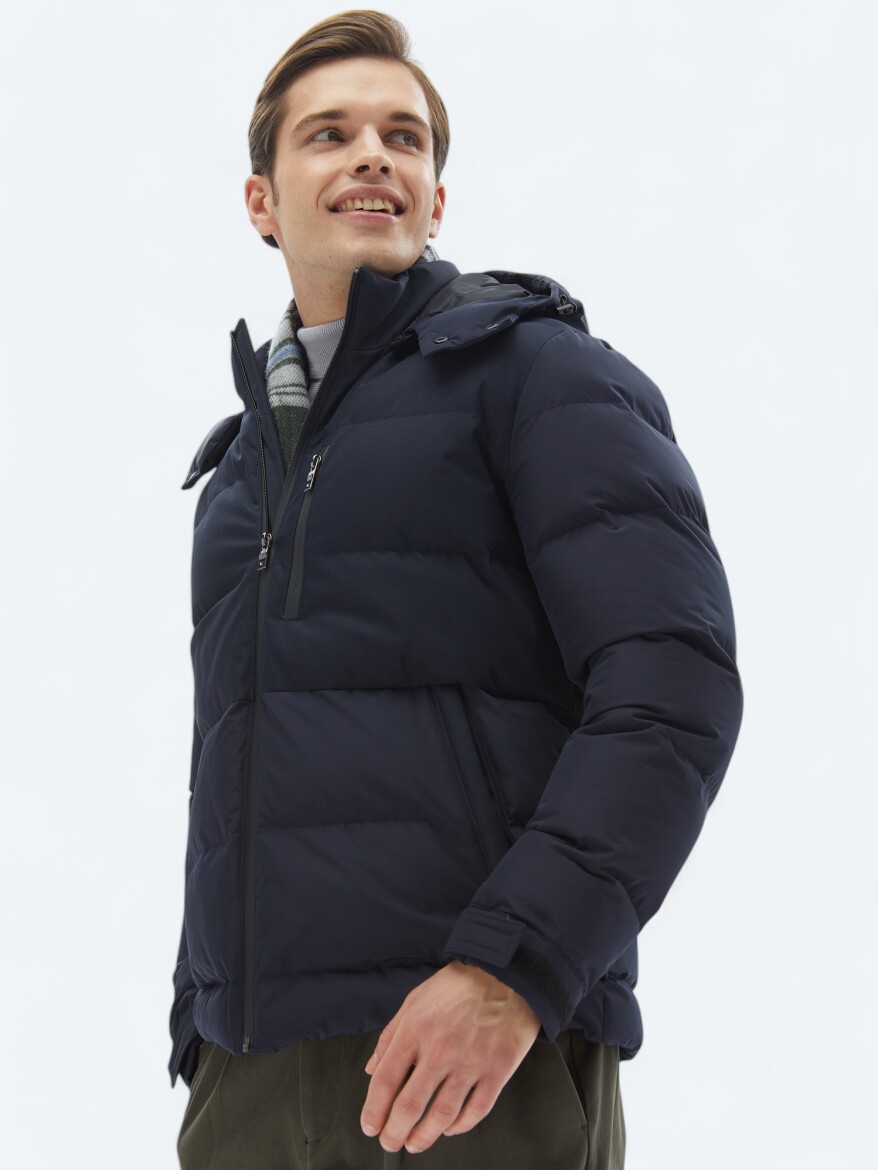 Navy Blue Regular Fit Hooded Casual Weaving Coat - 4