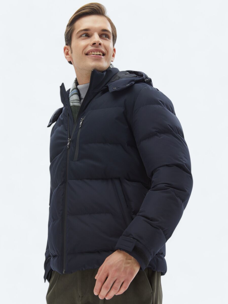 Navy Blue Regular Fit Hooded Casual Weaving Coat - 4