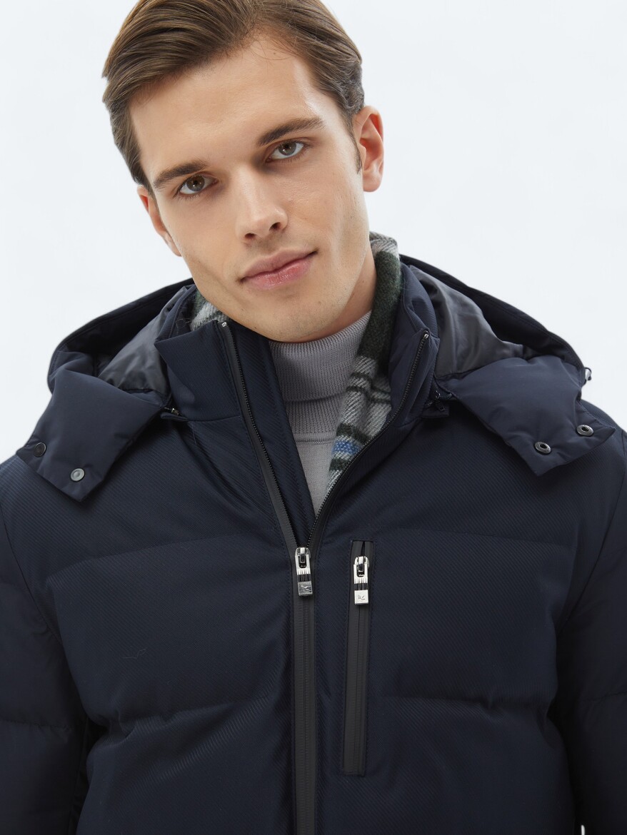 Navy Blue Regular Fit Hooded Casual Weaving Coat - 5