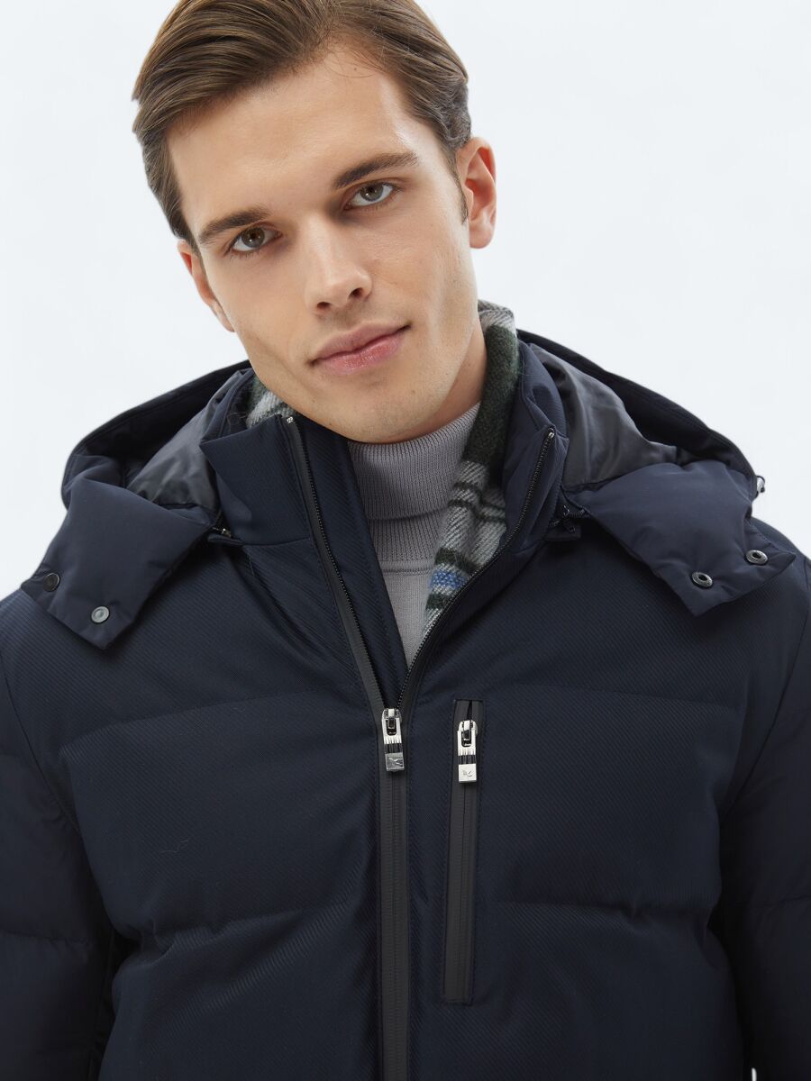 Navy Blue Regular Fit Hooded Casual Weaving Coat - 5