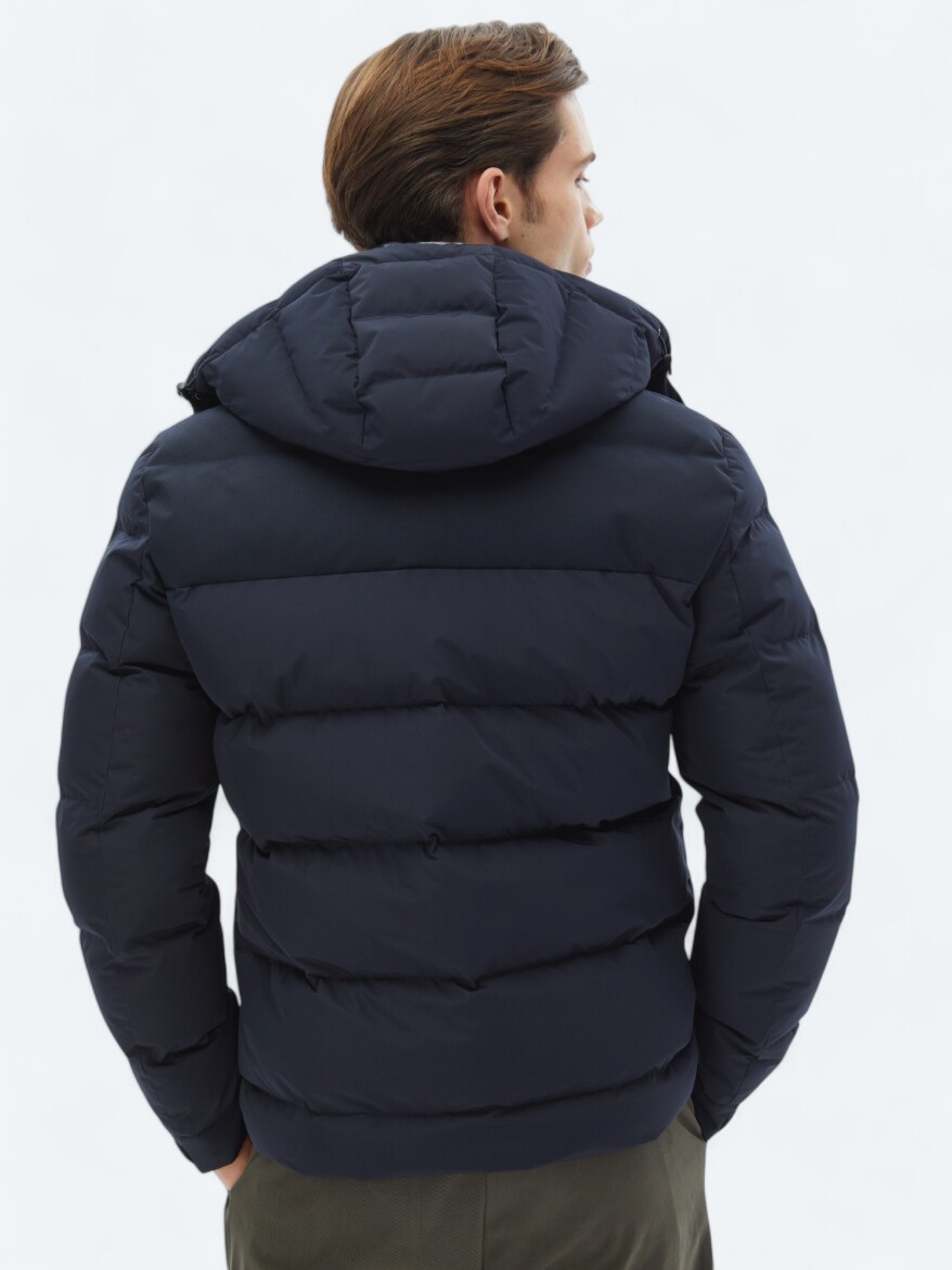 Navy Blue Regular Fit Hooded Casual Weaving Coat - 6