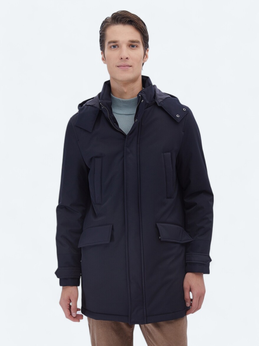Navy Blue Regular Fit Hooded Casual Weaving Coat - KİP