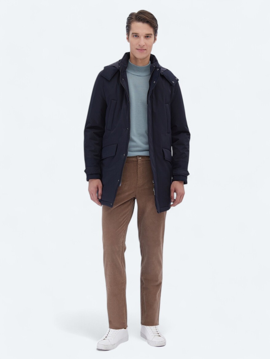 Navy Blue Regular Fit Hooded Casual Weaving Coat - KİP