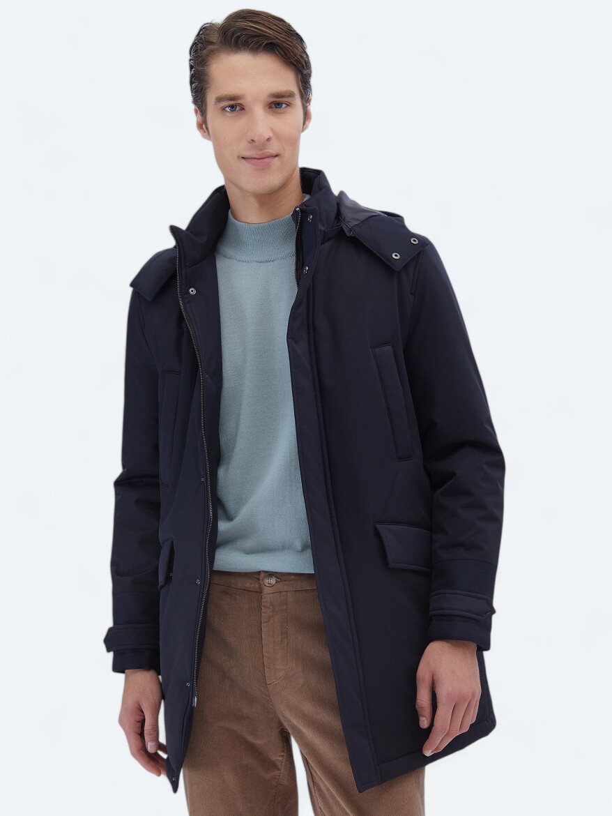 Navy Blue Regular Fit Hooded Casual Weaving Coat - 3