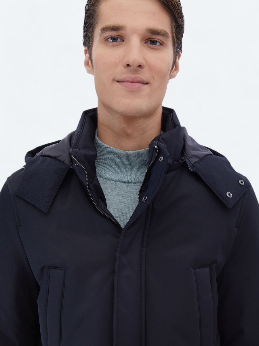 Navy Blue Regular Fit Hooded Casual Weaving Coat - 4