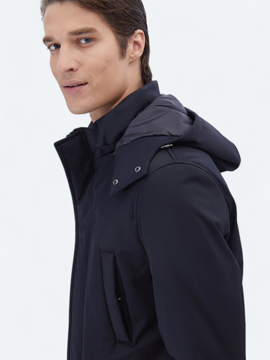 Navy Blue Regular Fit Hooded Casual Weaving Coat - 5