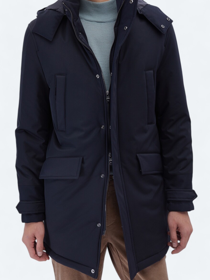 Navy Blue Regular Fit Hooded Casual Weaving Coat - 7