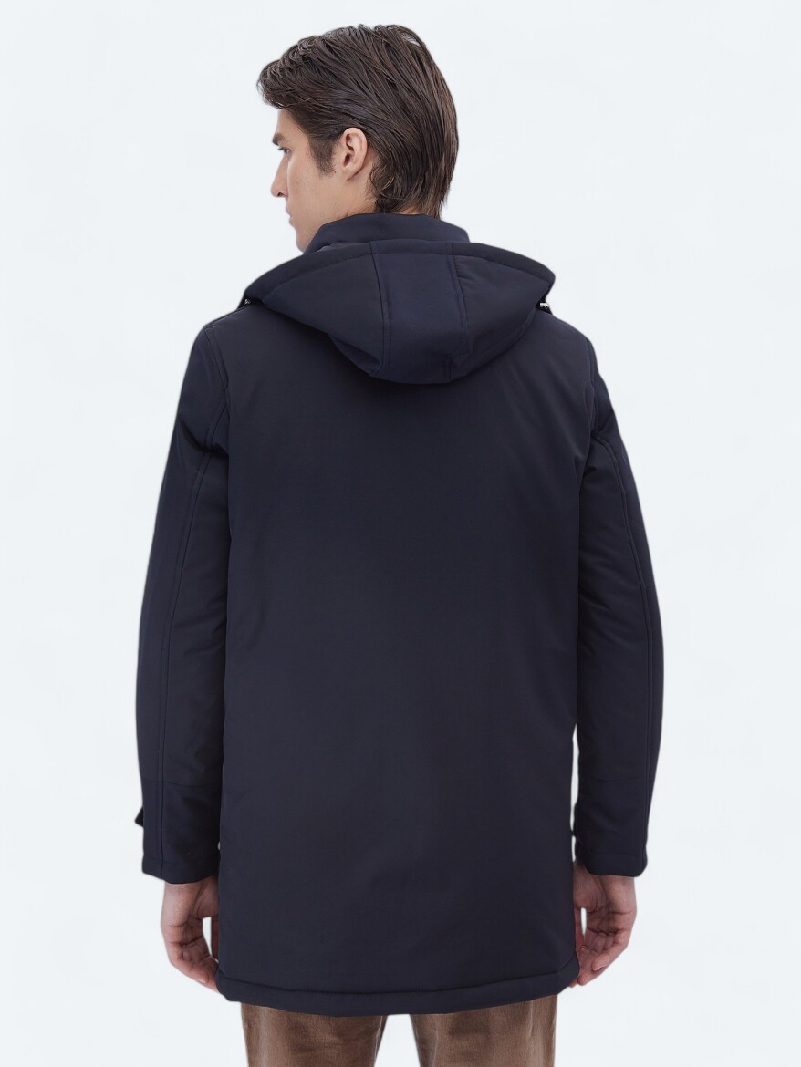 Navy Blue Regular Fit Hooded Casual Weaving Coat - 8