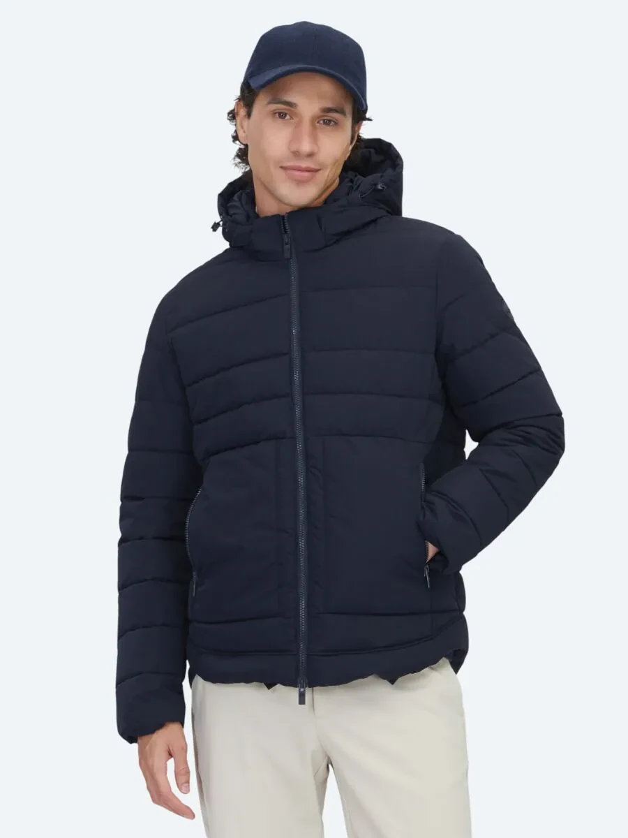 Navy Blue Regular Fit Hooded Casual Weaving Coat - 1