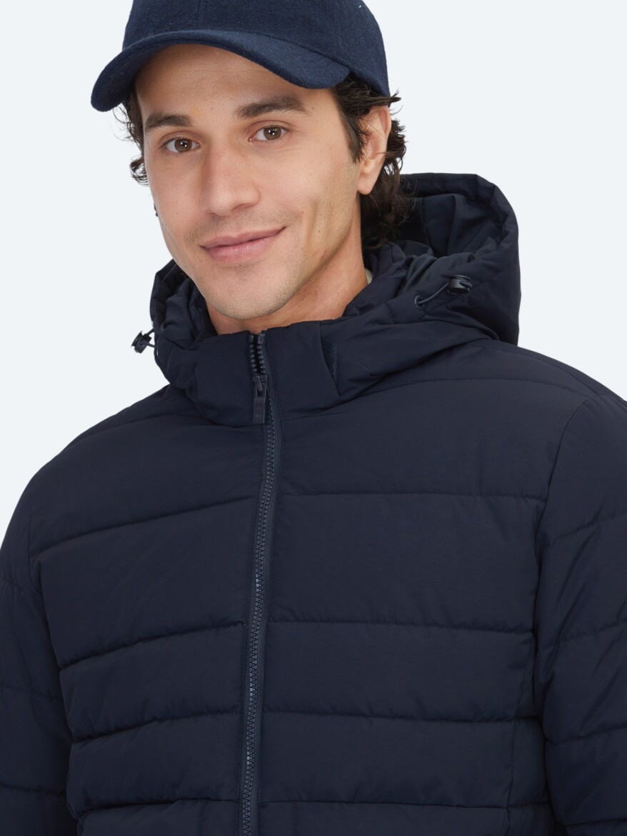 Navy Blue Regular Fit Hooded Casual Weaving Coat - 4