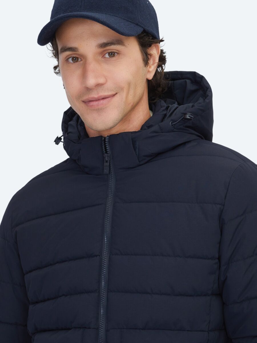 Navy Blue Regular Fit Hooded Casual Weaving Coat - 4