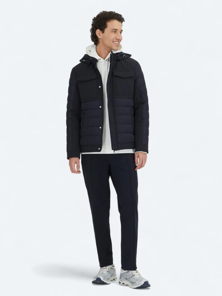 Navy Blue Regular Fit Hooded Casual Weaving Coat - 2