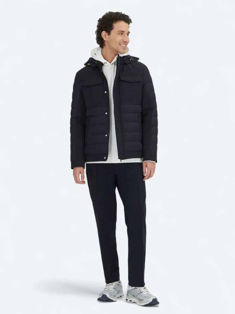 Navy Blue Regular Fit Hooded Casual Weaving Coat - 2