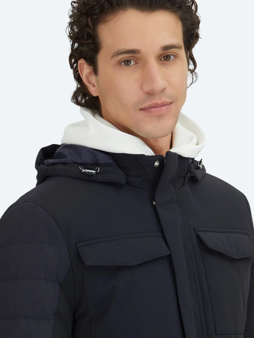 Navy Blue Regular Fit Hooded Casual Weaving Coat - 3