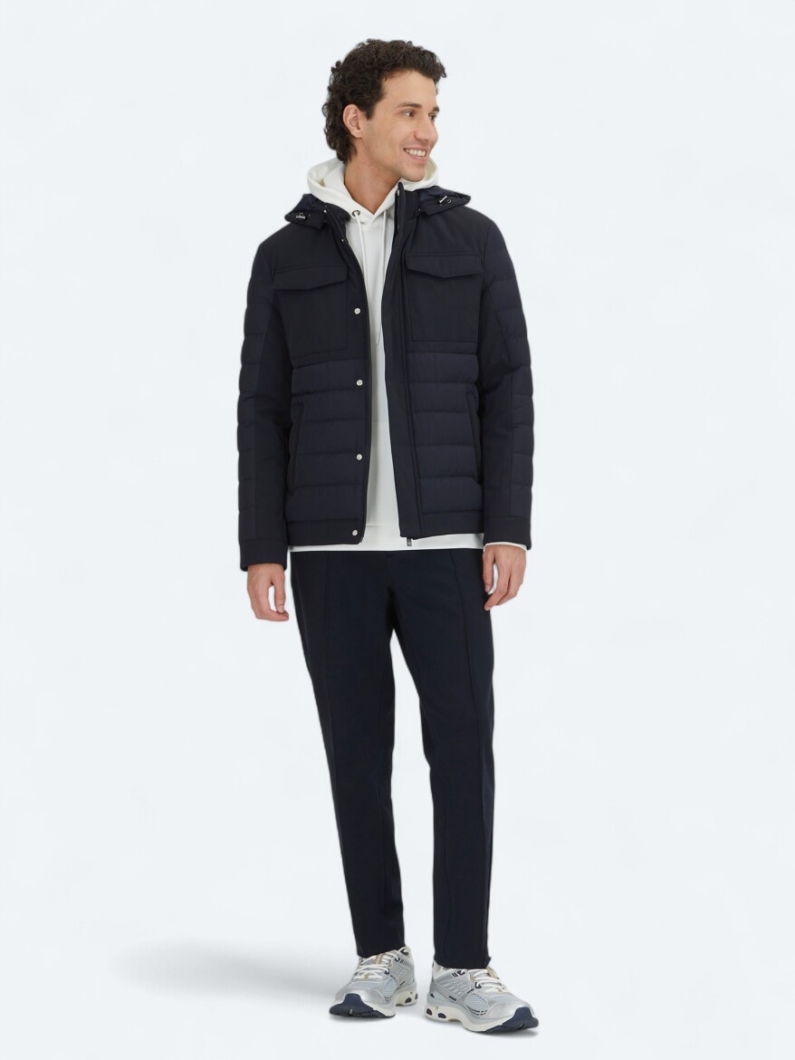 Navy Blue Regular Fit Hooded Casual Weaving Coat - 2