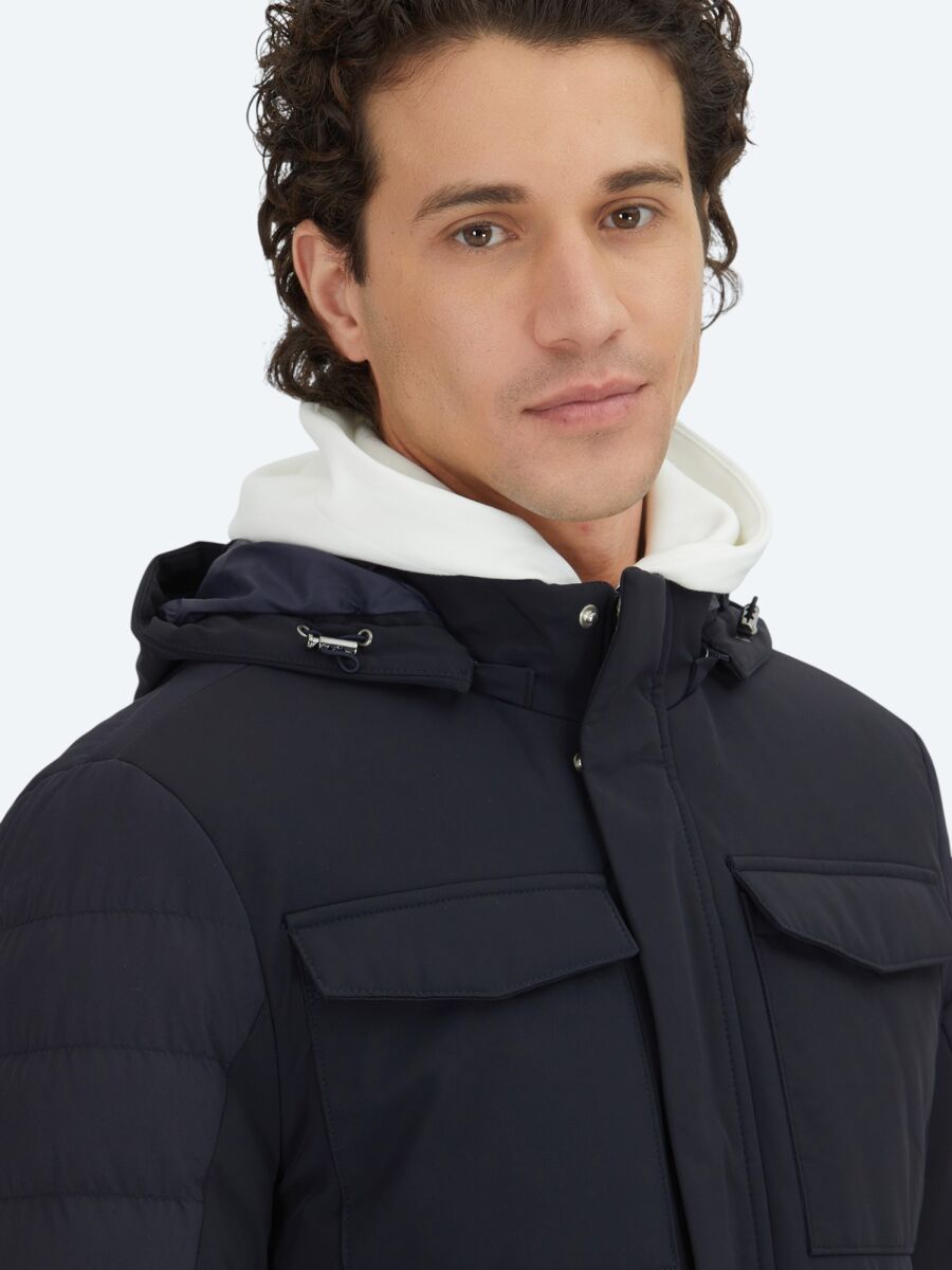 Navy Blue Regular Fit Hooded Casual Weaving Coat - 3