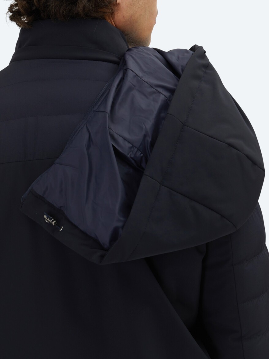 Navy Blue Regular Fit Hooded Casual Weaving Coat - 5