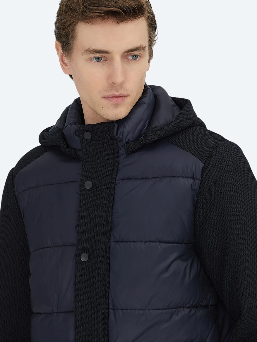 Navy Blue Regular Fit Hooded Casual Weaving Coat 