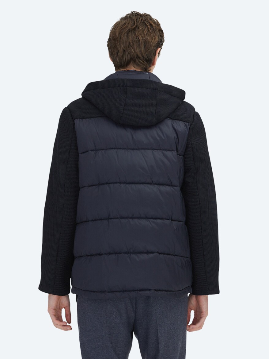 Navy Blue Regular Fit Hooded Casual Weaving Coat - 7