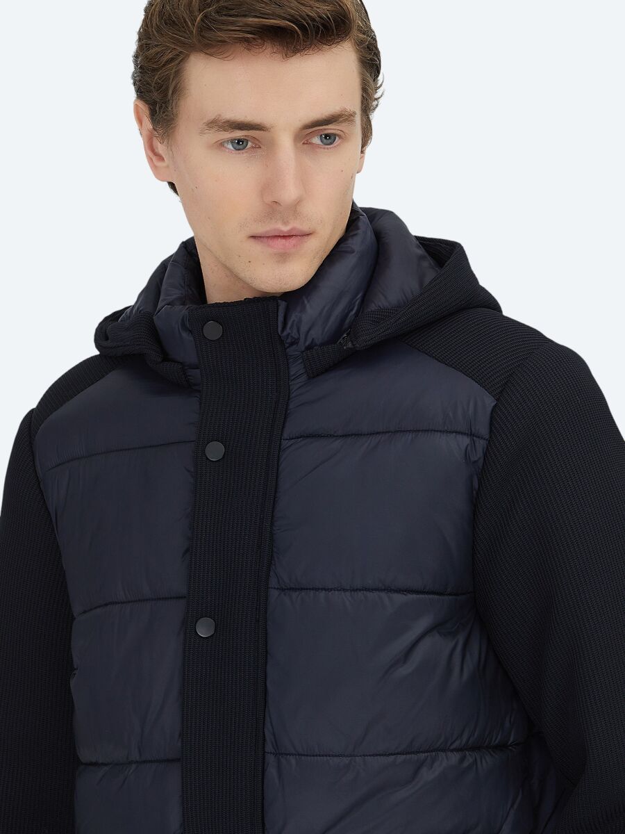 Navy Blue Regular Fit Hooded Casual Weaving Coat - 2