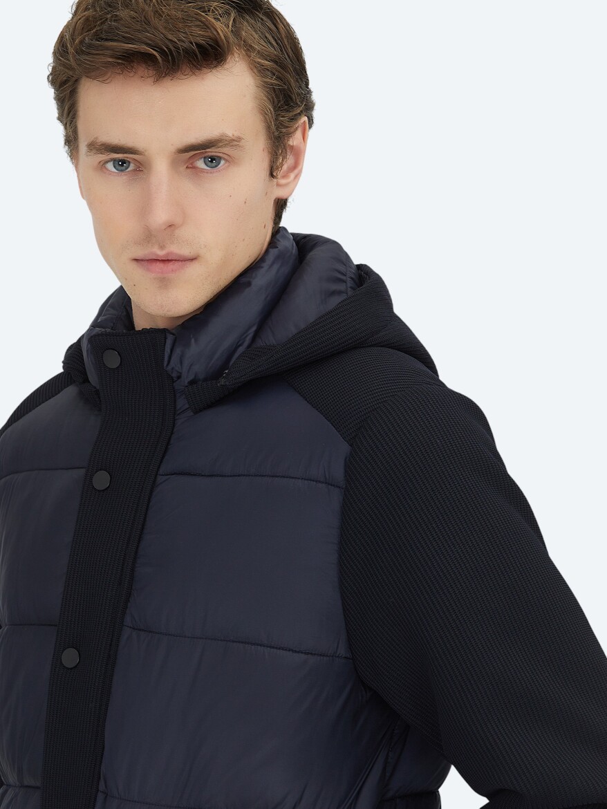 Navy Blue Regular Fit Hooded Casual Weaving Coat - 5