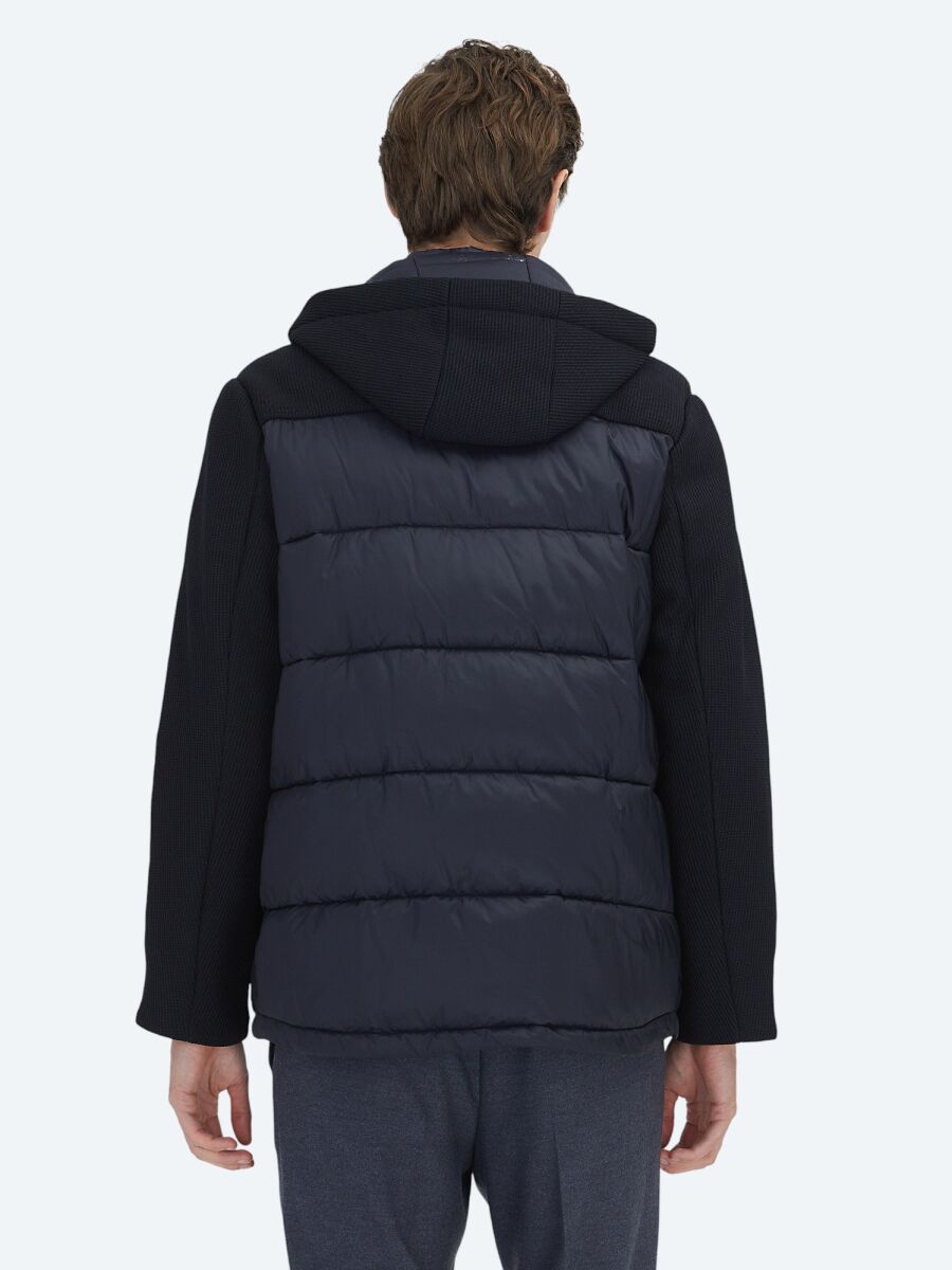 Navy Blue Regular Fit Hooded Casual Weaving Coat - 7