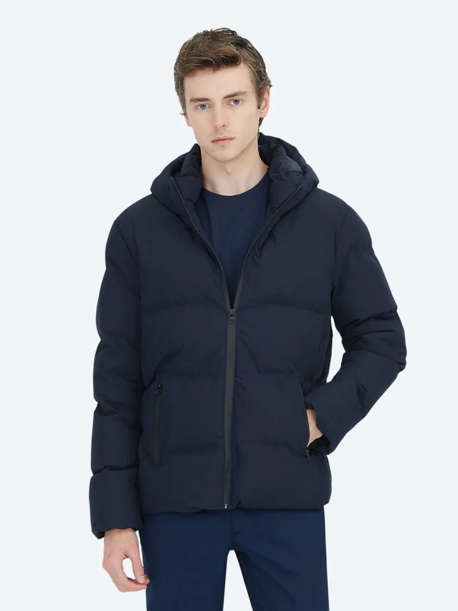 Navy Blue Regular Fit Hooded Casual Weaving Coat - 1