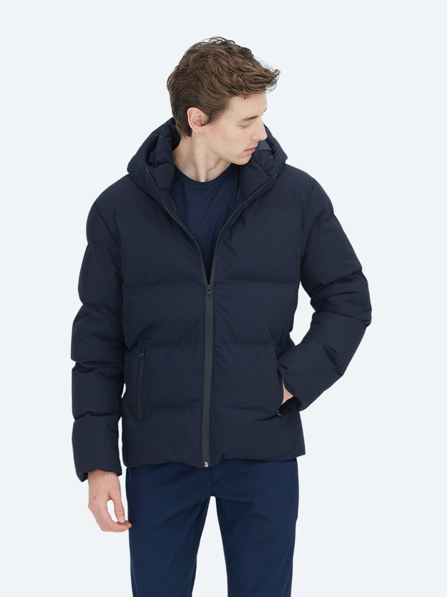 Navy Blue Regular Fit Hooded Casual Weaving Coat - 4