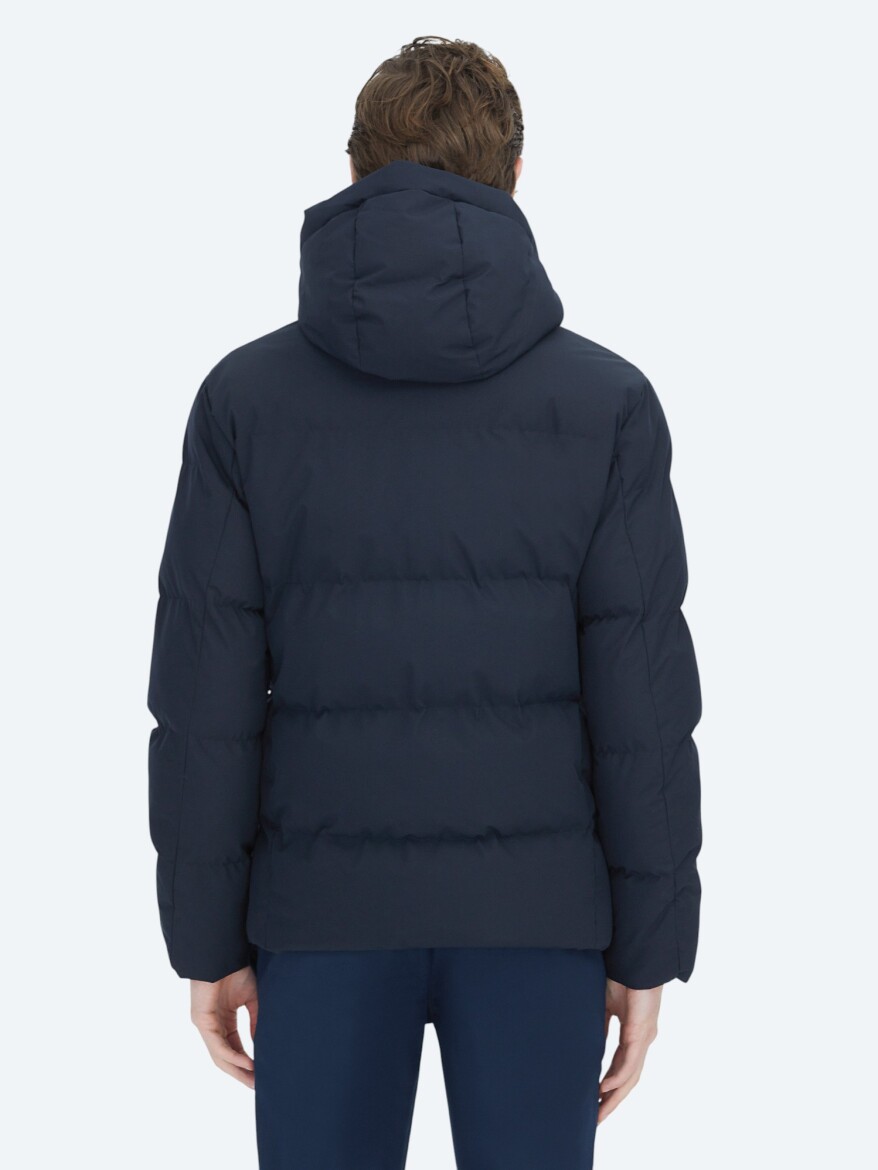 Navy Blue Regular Fit Hooded Casual Weaving Coat - 5