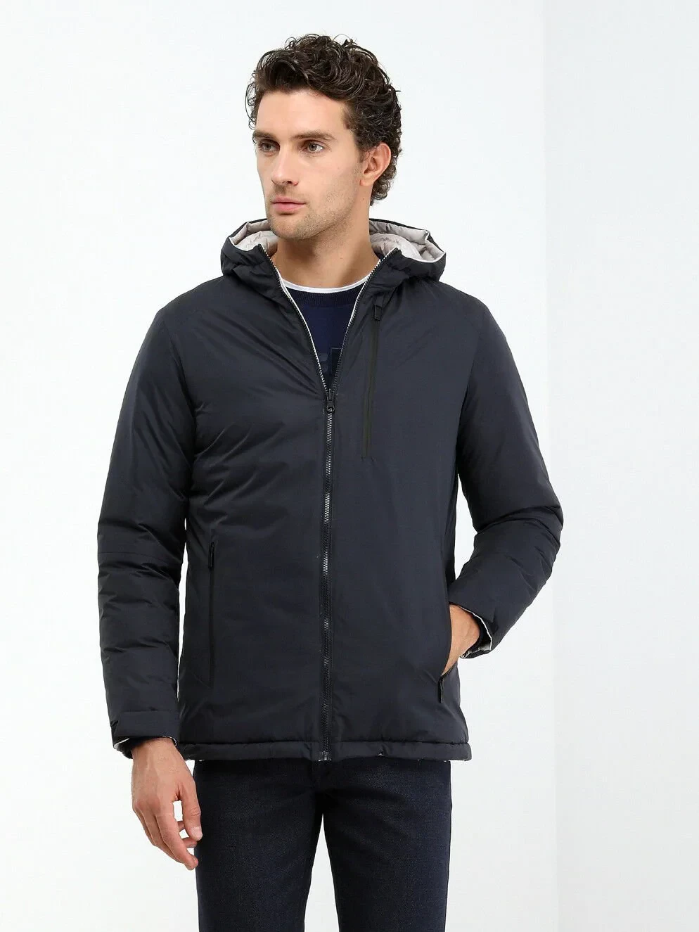 Navy Blue Regular Fit Hooded Casual Weaving Double-Sided Coat - 1