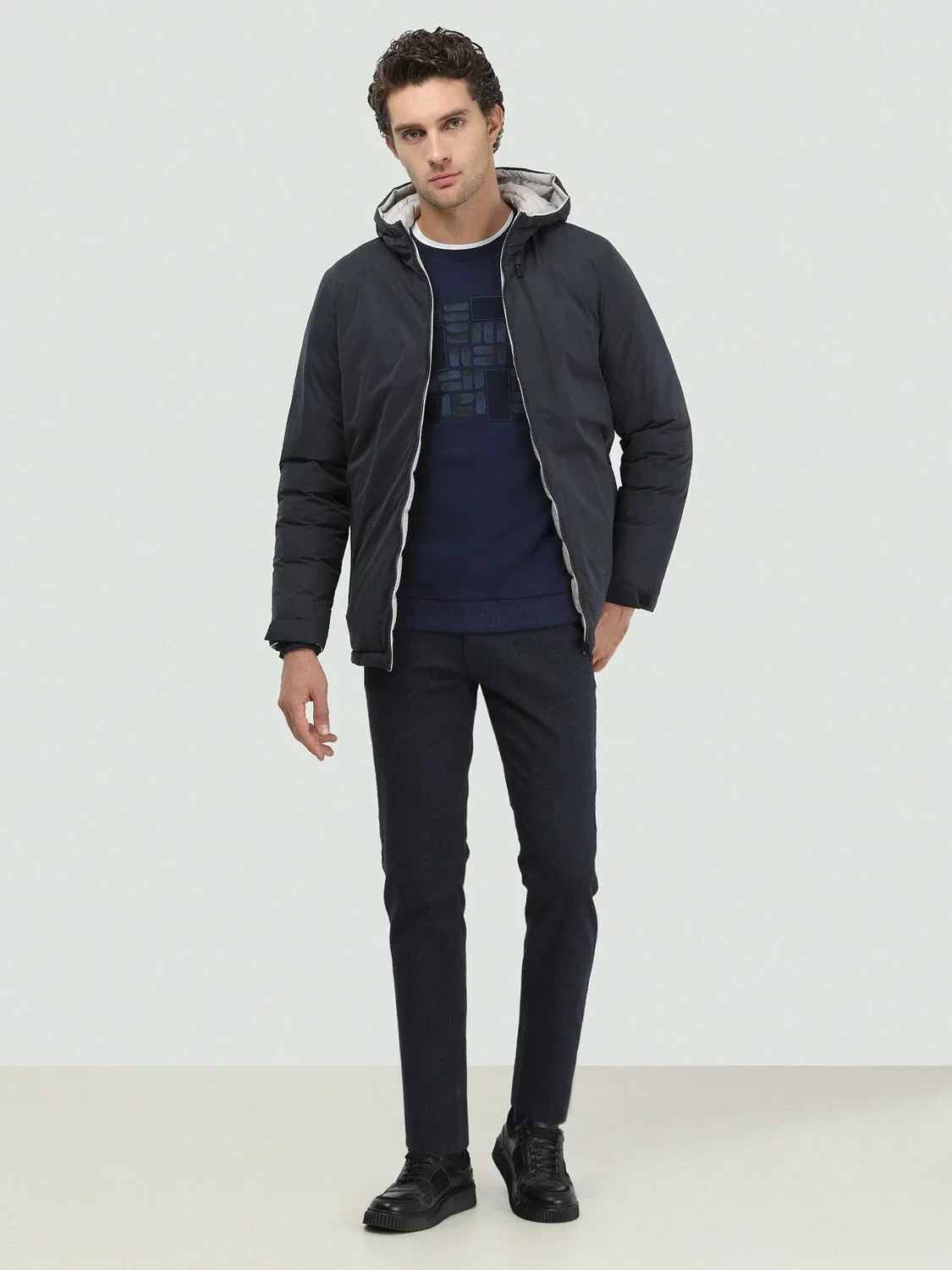 Navy Blue Regular Fit Hooded Casual Weaving Double-Sided Coat - 2