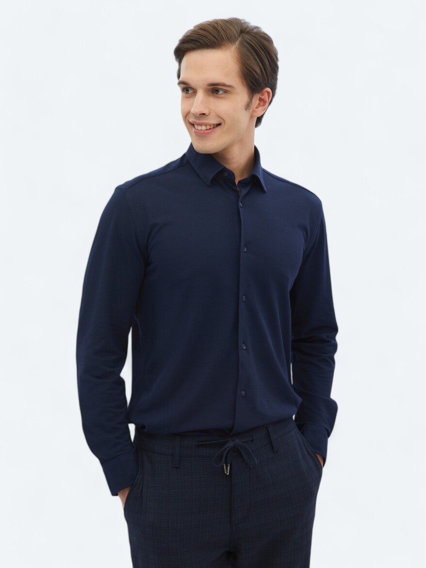 Navy Blue Regular Fit Knitting Casual Cotton Blended Shirt - 1