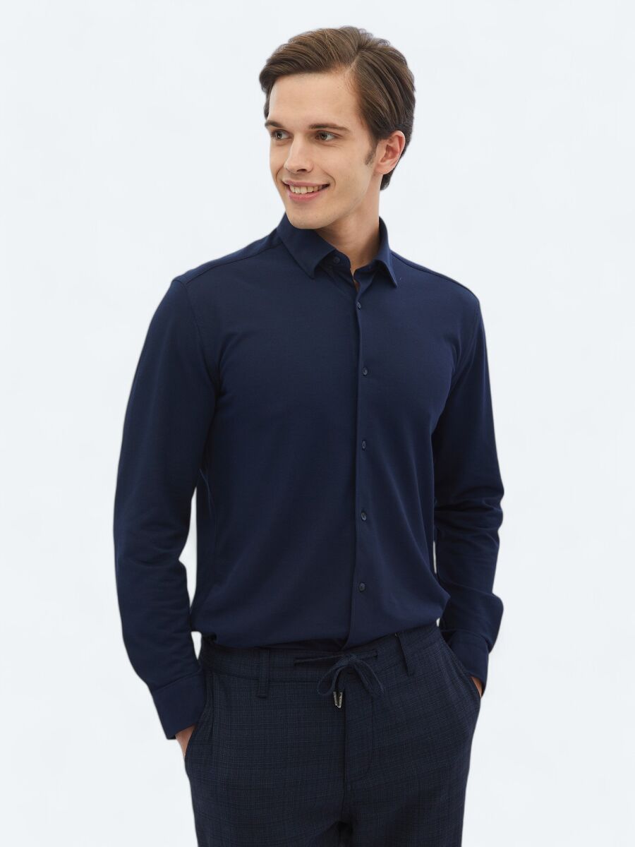 Navy Blue Regular Fit Knitting Casual Cotton Blended Shirt - 1